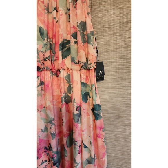 Adrianna Papell Pink Floral Halter Knee Length Chiffon Dress Sleeveless Tie - Picture 6 of 6
